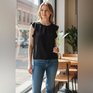 Alex & Lili Women's Black Ruffle Sleeve Top